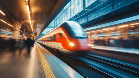 A motion blur effect of a high-speed train zooming past a crowded city station.の素材