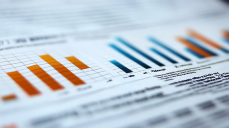 A close-up of a financial newspaper page featuring bar charts, numbers, and investment trends.の素材