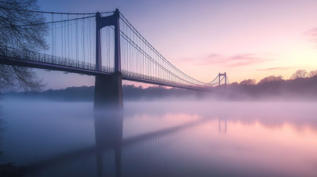 A long suspension bridge swaying slightly over a misty river in the early morning.の素材