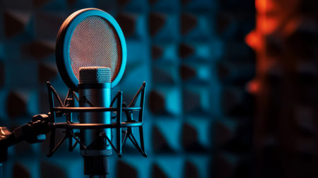 A classic studio condenser microphone with a pop filter, set up in a professional recording booth.の素材