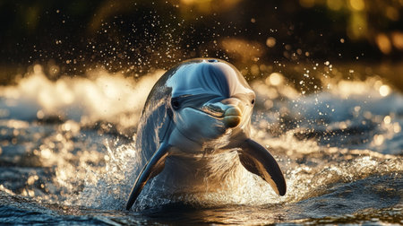 A dolphin emerging from the water with a joyful expression, making eye contact.の素材