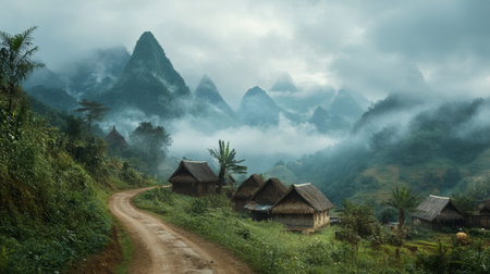 A narrow dirt road leading to a remote mountain village, surrounded by misty peaks.の素材