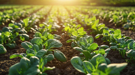 A lush field of organic spinach plants growing under the warm morning sun.の素材