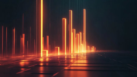 A conceptual image of financial growth with a glowing bar graph rising against a dark background.の素材