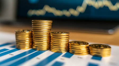 A stack of gold coins placed in front of a rising bar chart, symbolizing financial success.の素材