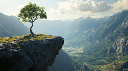 A lone tree standing on the edge of a rocky mountain cliff, overlooking a vast valley.の素材