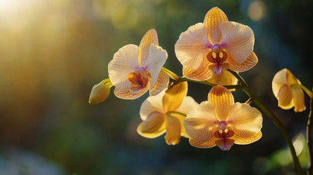 A scenic view of orchids blooming naturally on a tree in a botanical garden.の素材