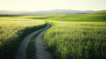 A lush green pasture with a narrow dirt path winding through the tall grass under a clear sky.の素材