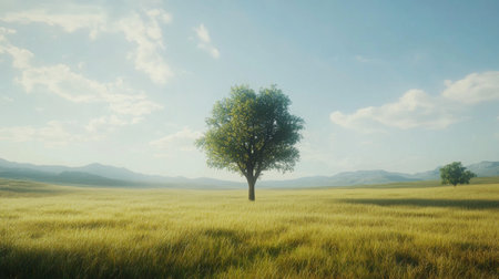 A tranquil open field with tall grass and a single tree standing in the middle.の素材