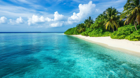 A tropical island paradise with clear blue waters, white sandy beaches, and lush green hills.の素材