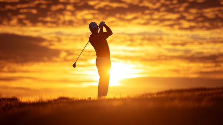 A silhouette of a golfer taking a swing at sunset, with the sky glowing in warm hues.の素材