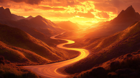 A sunset view of a winding road on a high mountain pass, glowing under the golden sky.の素材