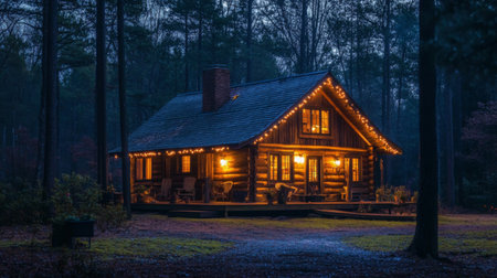 A warm and inviting log cabin with glowing lights in the middle of a pine forest.の素材