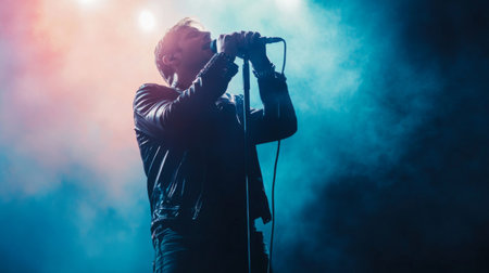 A rock band lead vocalist gripping a microphone while singing intensely under dramatic stage lights.の素材