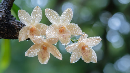 Orchids on a tree after a fresh rain, with dewdrops glistening on the petals.の素材