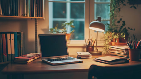 A students study desk with textbooks, a laptop, and stationery neatly organized under soft desk lamp lighting.の素材
