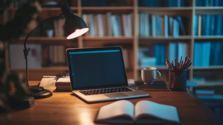 A students study desk with textbooks, a laptop, and stationery neatly organized under soft desk lamp lighting.の素材