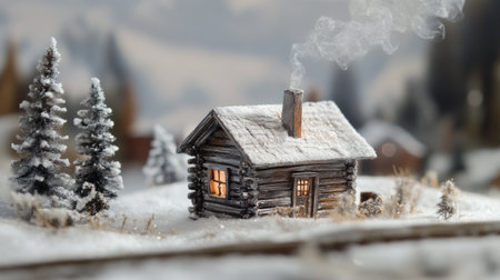 A small rustic cabin with smoke coming from the chimney, set in a snowy winter landscape.の素材