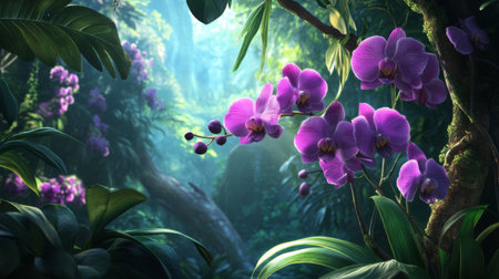 Delicate purple orchids sprouting from a tree, surrounded by lush green leaves.の素材