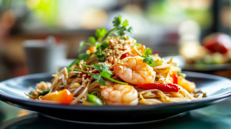 A vibrant plate of , beautifully arranged with stir-fried rice noodles, shrimp, bean sprouts, and a sprinkle of crushed peanuts, capturing the colorful essence of this beloved Thai dish.の素材
