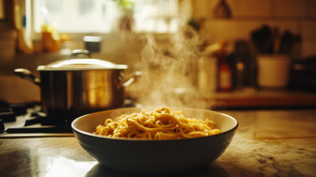 A cozy kitchen scene with a pot of boiling pasta in the background and a bowl of carbonara on the countertop, emphasizing the home-cooked comfort of Italian cuisine.の素材