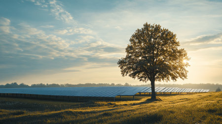 A lone tree standing next to a solar farm, symbolizing the balance between nature and technology.の素材