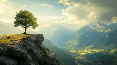 A lone tree standing on the edge of a rocky mountain cliff, overlooking a vast valley.の素材