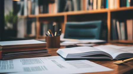 A professional work environment with multiple contract documents and legal books on a table.の素材