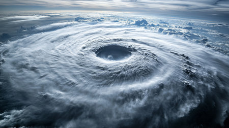 A hurricanes eye captured from space, showing a perfectly circular storm pattern.の素材