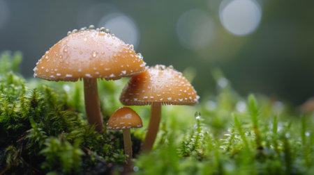 A macro shot of mushrooms sprouting in a garden after a rainstorm.の素材