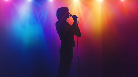 A silhouette of a singer holding a microphone, performing on stage with colorful spotlights behind them.の素材