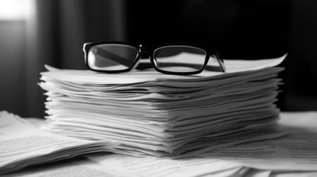 A stack of official documents neatly arranged on a desk with reading glasses on top.の素材