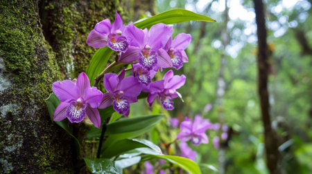 A hidden jungle spot where orchids bloom wildly on trees, untouched by humans.の素材