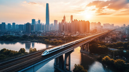 A high-speed train crossing a massive river bridge, with the city skyline in the background.の素材