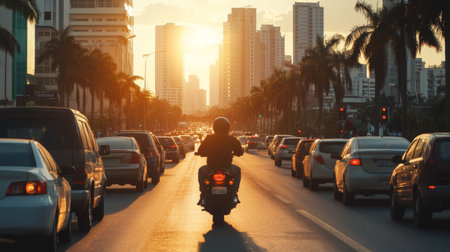 A city scene with a motorcyclist weaving through busy traffic, the urban skyline in the background, highlighting the fast-paced lifestyle.の素材