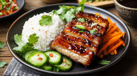 A beautifully plated dish of crispy pork belly served with a side of steamed vegetables and fragrant rice, garnished with fresh herbs for an inviting presentation.の素材