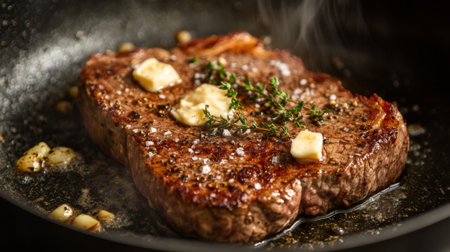 A close-up of a steak sizzling in a pan with butter, garlic, and thyme, creating a rich, golden-brown crust on the meat.の素材