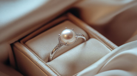 A beautiful pearl ring in an open jewelry box, surrounded by soft fabric, highlighting the simplicity and elegance of the gemstone.の素材