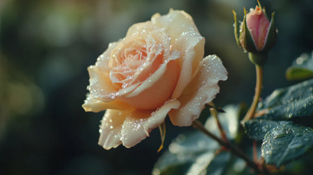 A close-up of a blooming rose with dew drops delicately resting on its petals, showcasing the intricate layers and vibrant color, symbolizing beauty and freshness.の素材