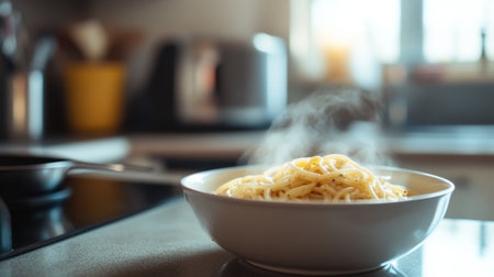 A cozy kitchen scene with a pot of boiling pasta in the background and a bowl of carbonara on the countertop, emphasizing the home-cooked comfort of Italian cuisine.の素材