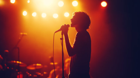 A singer holding a microphone on stage, passionately performing in front of a cheering audience, with bright stage lights creating a dramatic effect.の素材