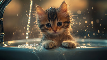 A cute, drenched kitten sitting in a sink with a gentle stream of water flowing, its tiny paws resting on the edge.の素材