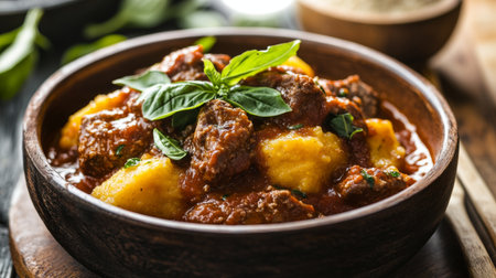 A rustic dish of polenta served with a hearty meat sauce, garnished with fresh basil, emphasizing the comforting and hearty qualities of traditional Italian cuisine.の素材