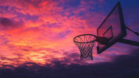 An artistic view of a basketball hoop silhouetted against a stunning sunset, with vibrant colors blending in the sky and the net gently swayingの素材
