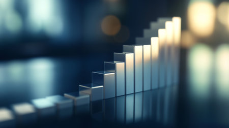 A D stacked bar chart with metallic bars in ascending order, placed on a reflective surface, highlighting financial progress in a clean, minimalist designの素材