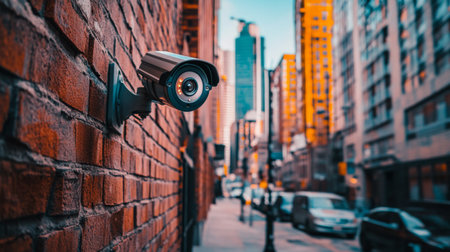 A close-up of a surveillance camera on a brick wall in an urban alleyway, capturing the raw textures and colors of the surroundingsの素材