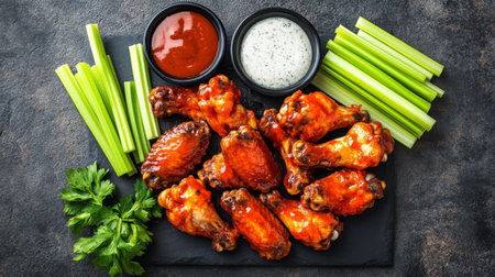 A beautifully arranged platter of chicken wings coated in various sauces, including buffalo and barbecue, accompanied by celery sticks and dipping sauceの素材