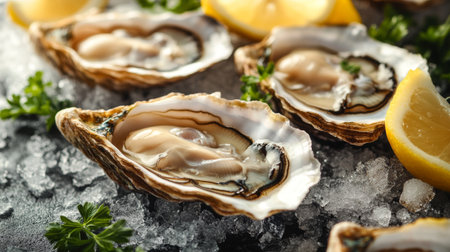 A close-up of fresh oysters on a bed of crushed ice, showcasing their glistening shells and creamy interiors, surrounded by lemon wedges and herbsの素材