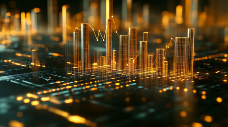 A D financial chart with rising columns and a glowing trendline, placed over a sleek digital grid with futuristic design elementsの素材