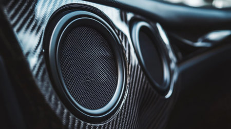 A close-up of a sleek, round car speaker embedded in a door panel, with brushed metal detailing and soft lighting highlighting the speaker grilleの素材